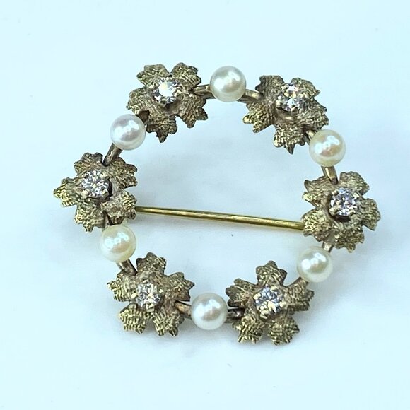 Diamond Pearl Brooch 9ct Yellow Gold 0.60ct Bouquet Flowers Pendant 3.8g JR8693